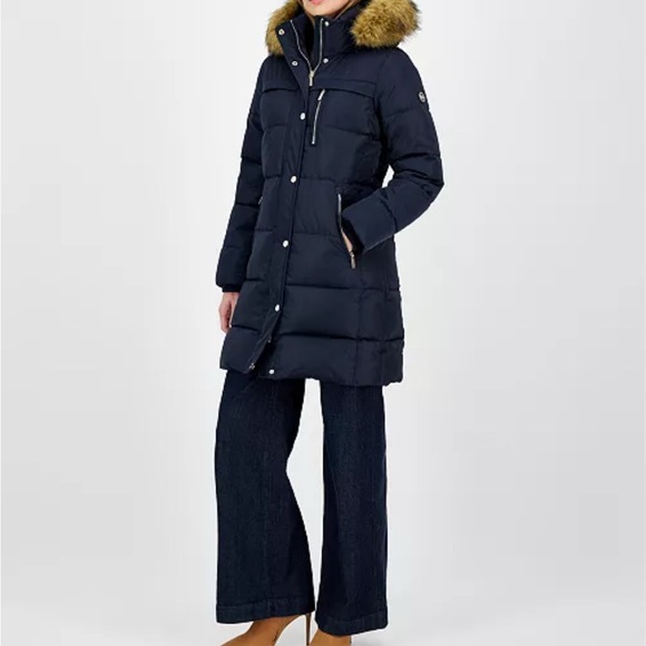 NWOT Navy MK Faux-Fur Hooded Chevron Down Puffer Coat - Picture 1 of 9